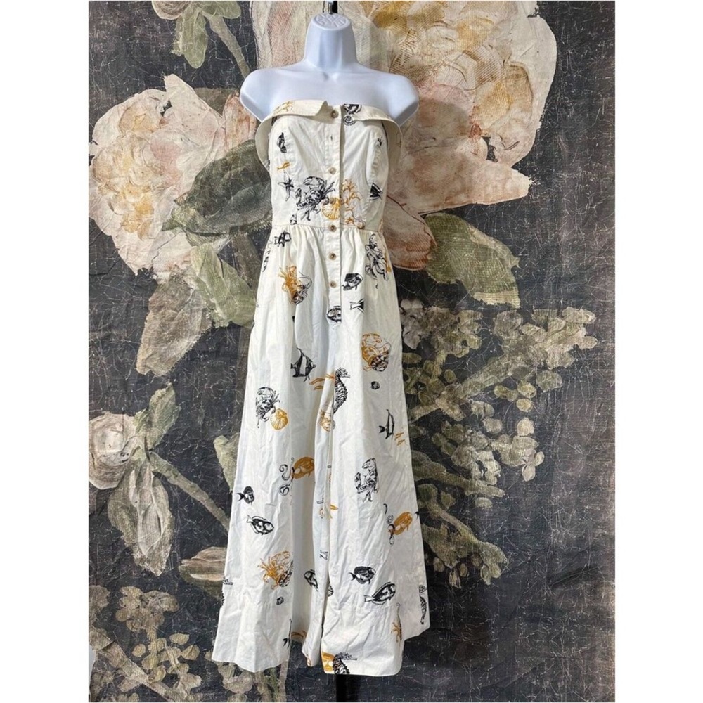 Anthropologie Maeve Sea Creatures Strapless Buttondown Wide-Leg Jumpsuit - Picture 6 of 16